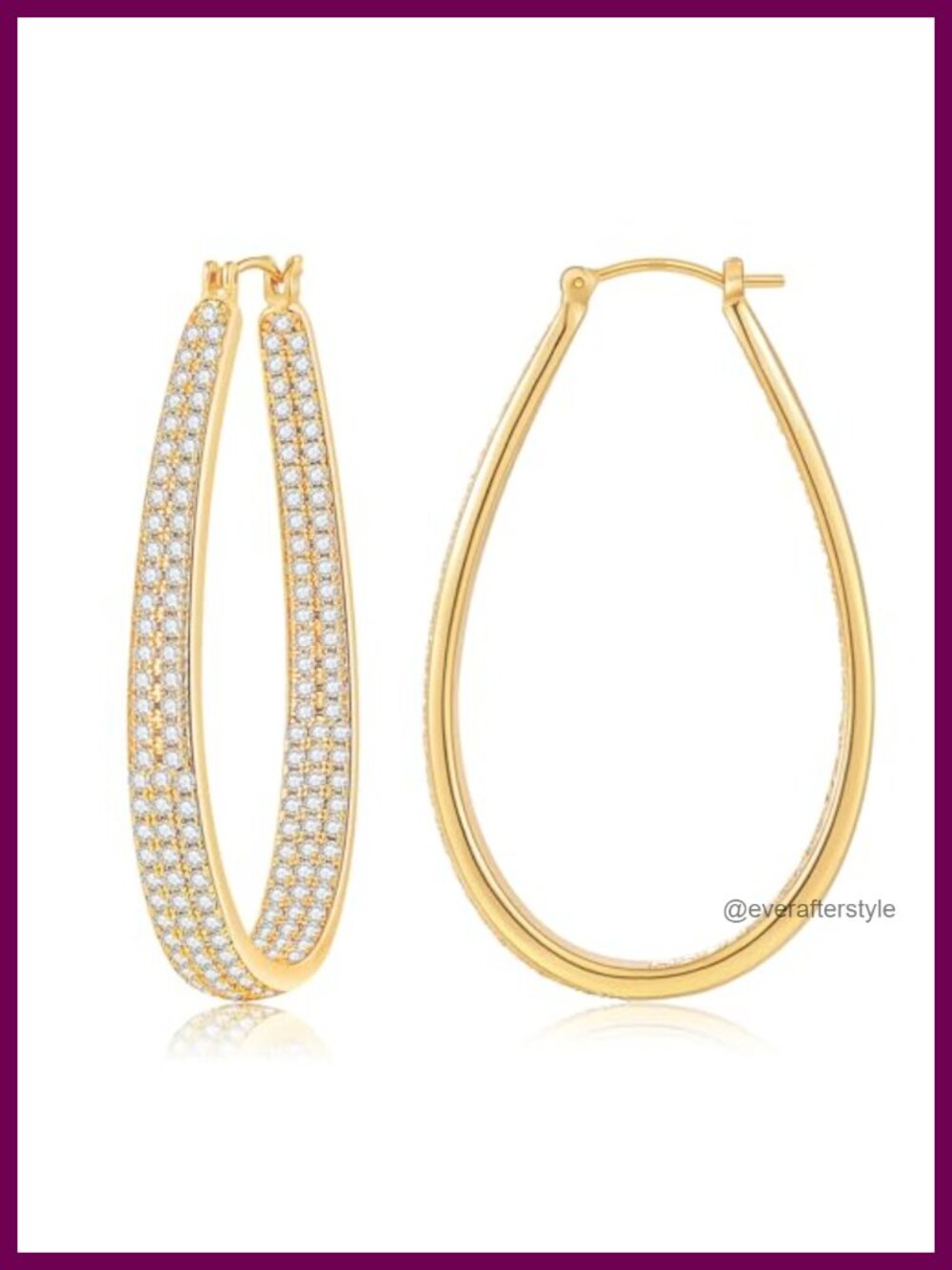 14K Gold Plated Oval Hoop Earrings with Cubic Zirconia, Lightweight
